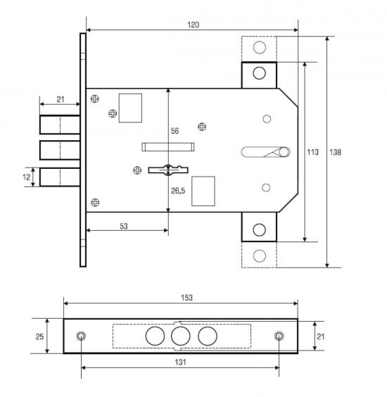 Замок врезной для двери 1355-1 с креплением под направляющие. Аналог (CLASS-GS-SM-009 T) мастер 3 ключа
